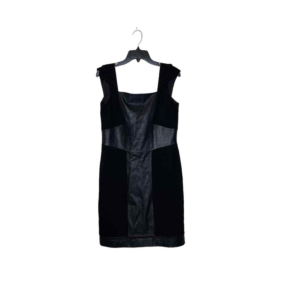 Antonio Melani Women Size 8 Black Leather Panel Lined Sheath Dress Cap Sleeve